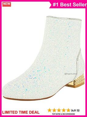 Women Sequin Ankle Boots Low Chunky Heel Round Toe Side Zip Sparkly Glitter